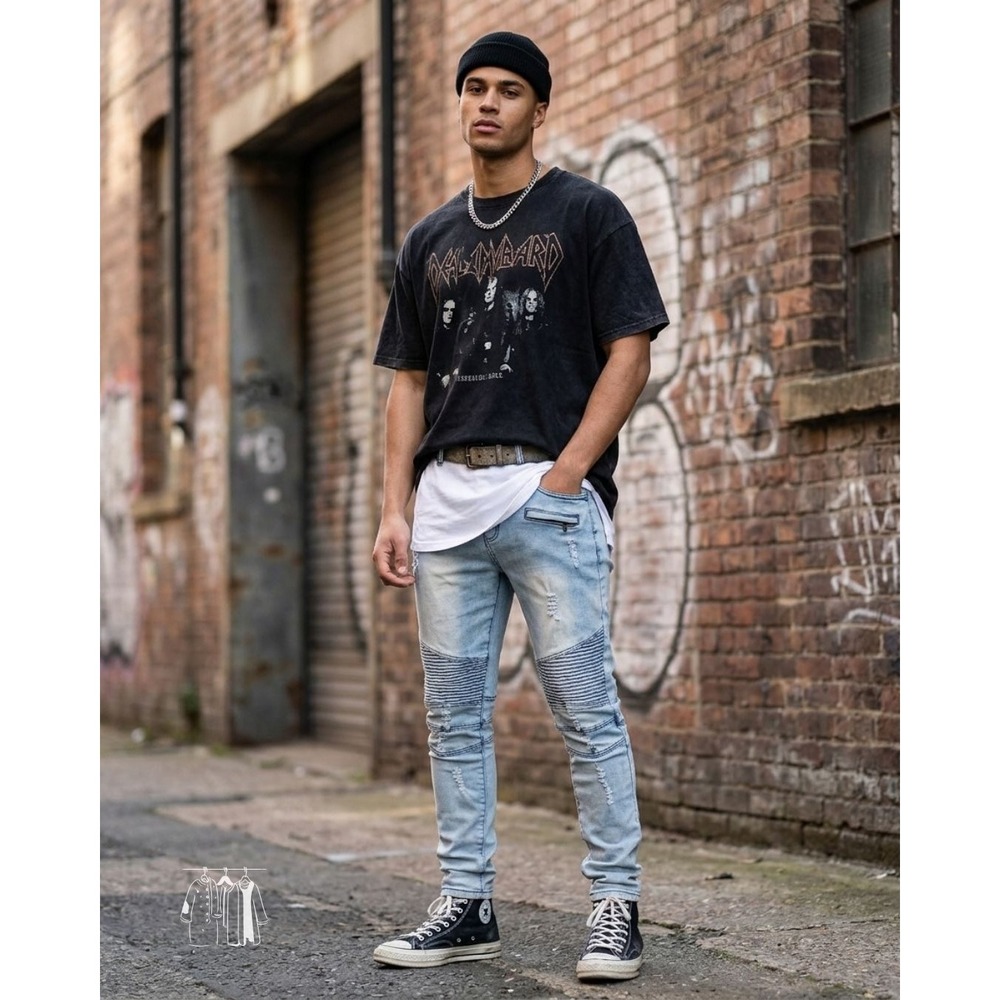 Y2K Streetwear Moto Skinny Jeans Mens 38x32 Thrashed Cloudy Wash Biker Denim